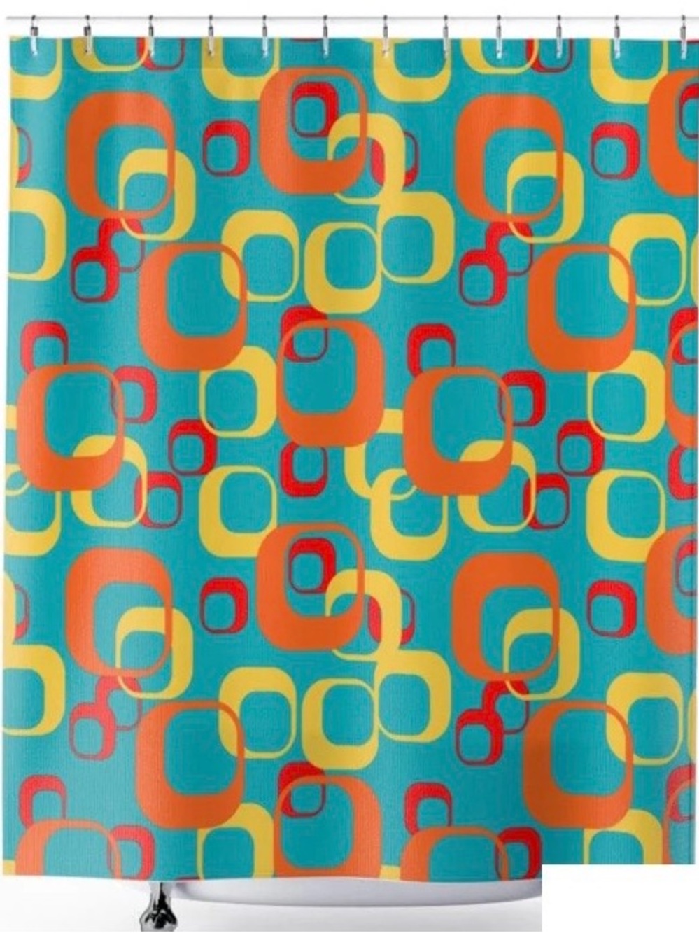Retro Geometric Shower Curtain — Teal, Orange & Yellow